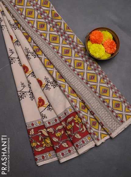 Kalamkari cotton saree beige and maroon with allover butta prints and printed border