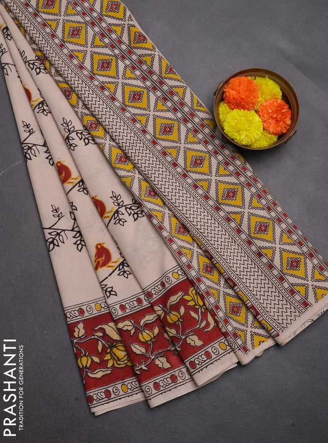 Kalamkari cotton saree beige and maroon with allover butta prints and printed border