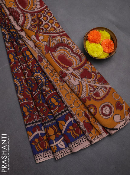 Kalamkari cotton saree deep maroon and blue with allover prints and printed border