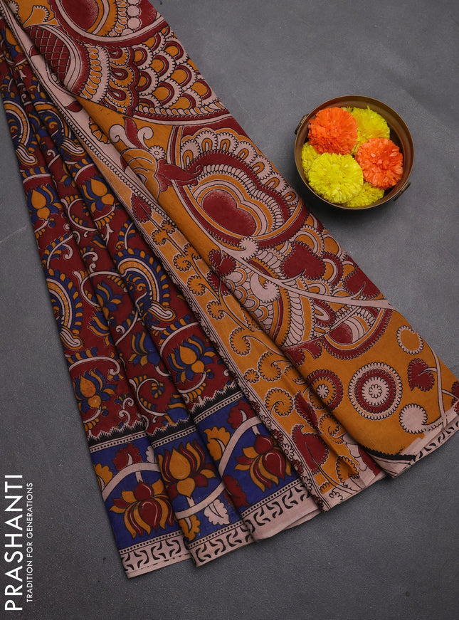 Kalamkari cotton saree deep maroon and blue with allover prints and printed border