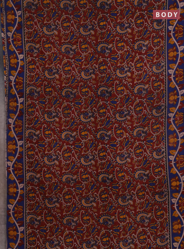 Kalamkari cotton saree deep maroon and blue with allover prints and printed border