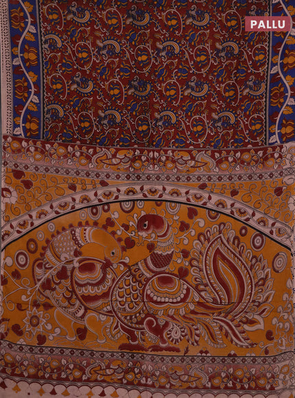 Kalamkari cotton saree deep maroon and blue with allover prints and printed border