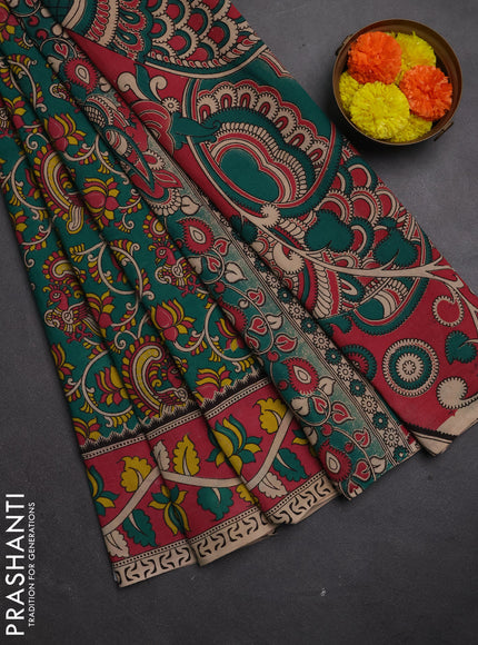 Kalamkari cotton saree green and pink with allover prints and printed border