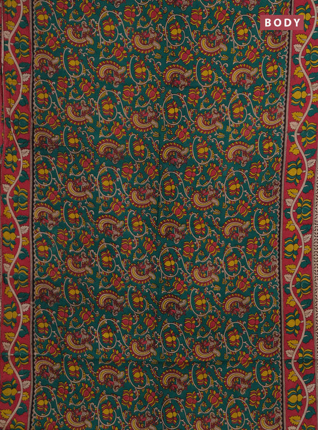 Kalamkari cotton saree green and pink with allover prints and printed border