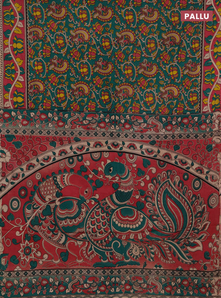 Kalamkari cotton saree green and pink with allover prints and printed border