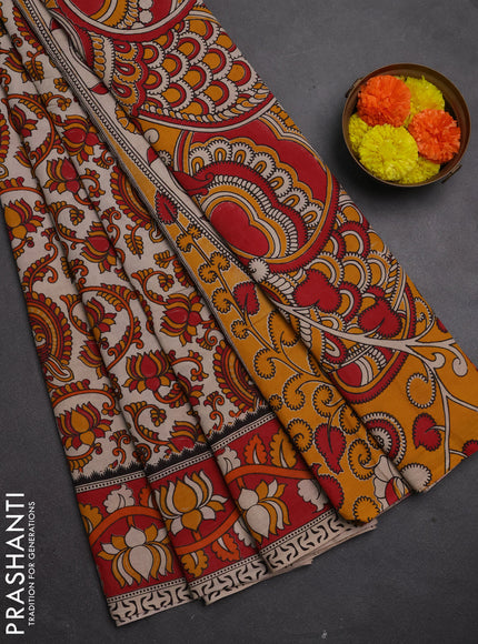 Kalamkari cotton saree red and yellow with allover prints and printed border