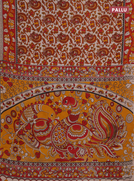 Kalamkari cotton saree red and yellow with allover prints and printed border
