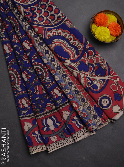 Kalamkari cotton saree blue and pink with allover prints and printed border