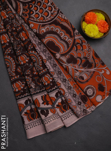Kalamkari cotton saree coffee brown and orange with allover prints and printed border