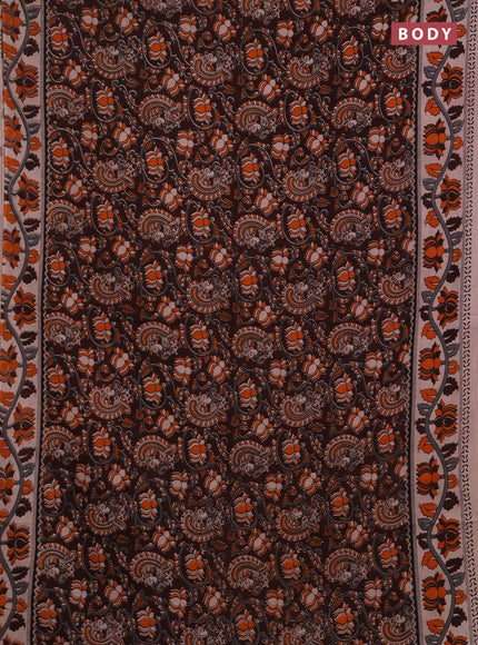 Kalamkari cotton saree coffee brown and orange with allover prints and printed border