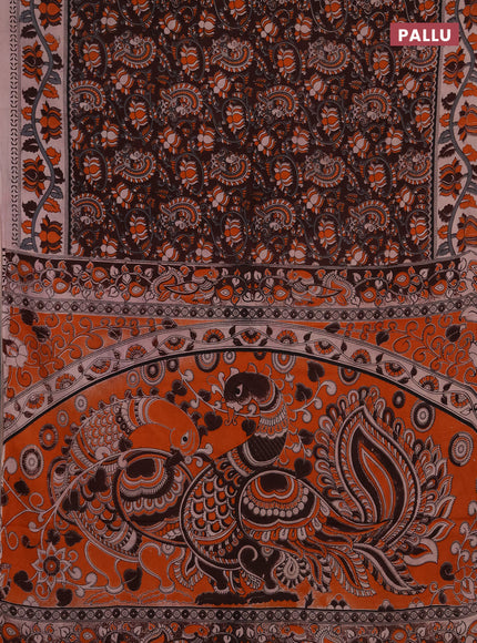 Kalamkari cotton saree coffee brown and orange with allover prints and printed border