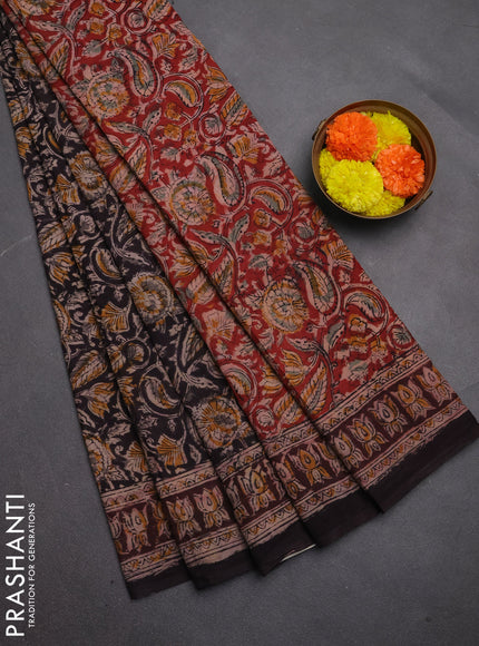 Kalamkari cotton saree coffee brown and wine shade with allover block prints and printed border