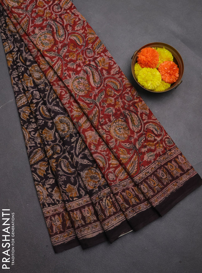 Kalamkari cotton saree coffee brown and wine shade with allover block prints and printed border