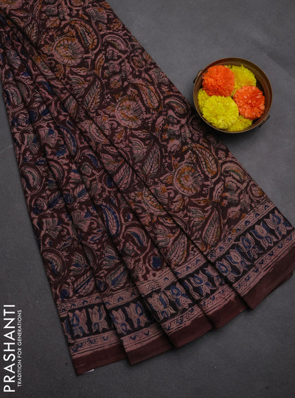 Kalamkari cotton saree wine shade and black with allover block prints and printed border
