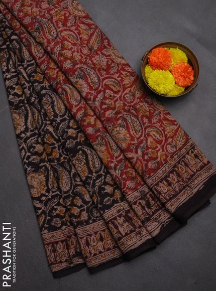 Kalamkari cotton saree black and wine shade with allover block prints and printed border