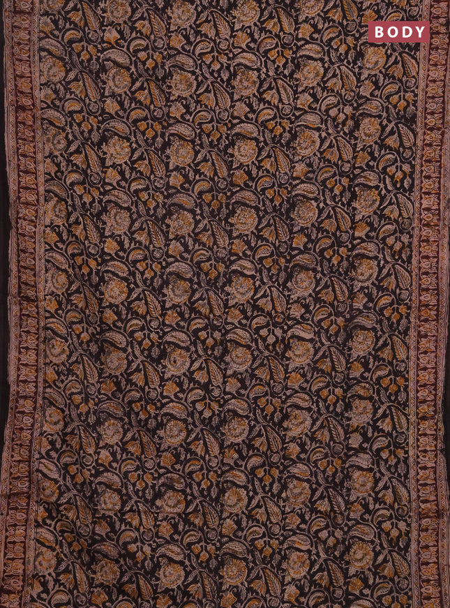 Kalamkari cotton saree black and wine shade with allover block prints and printed border