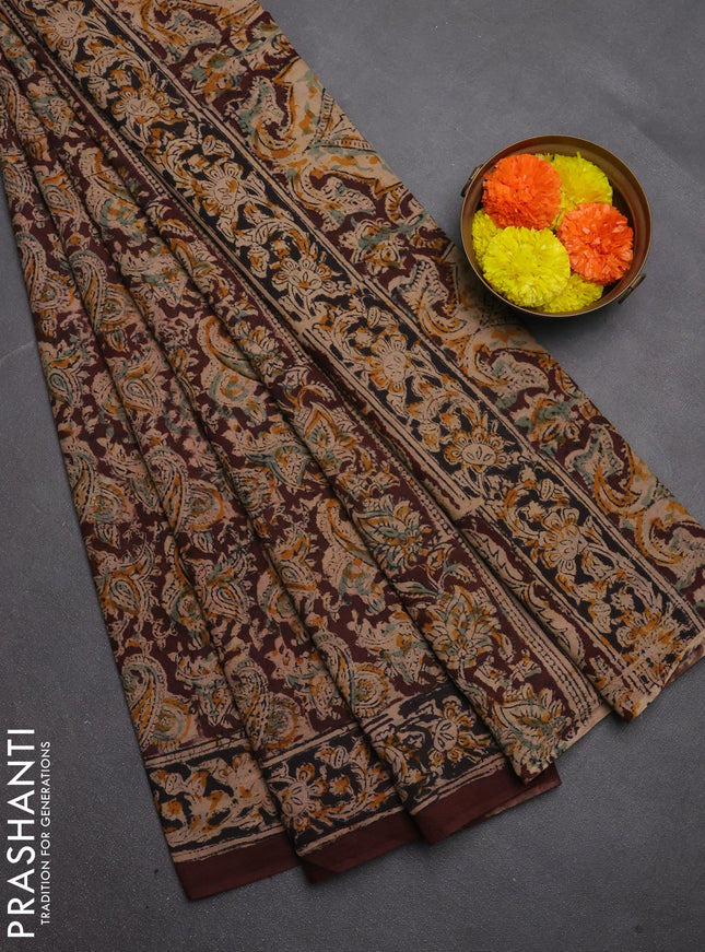 Kalamkari cotton saree coffee brown and black with allover block prints and printed border