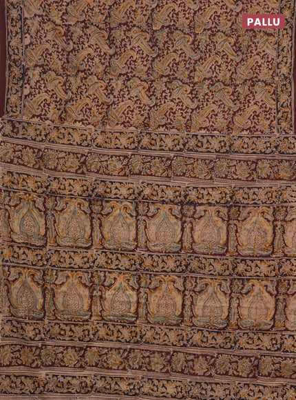 Kalamkari cotton saree coffee brown and black with allover block prints and printed border
