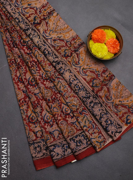 Kalamkari cotton saree maroon and black with allover block prints and printed border
