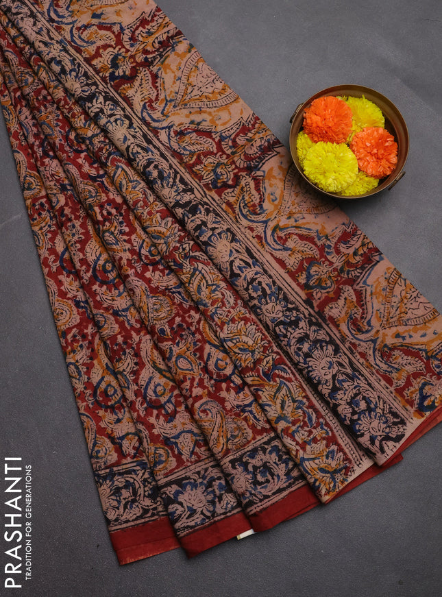 Kalamkari cotton saree maroon and black with allover block prints and printed border