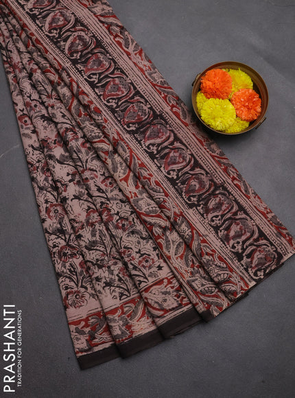 Kalamkari cotton saree black and maroon with allover block prints and printed border