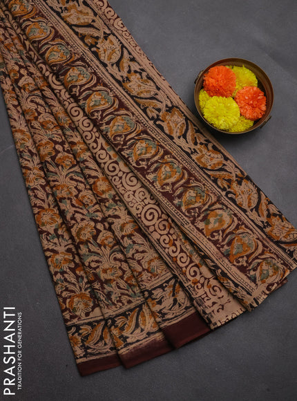 Kalamkari cotton saree coffee brown and black with allover block prints and printed border