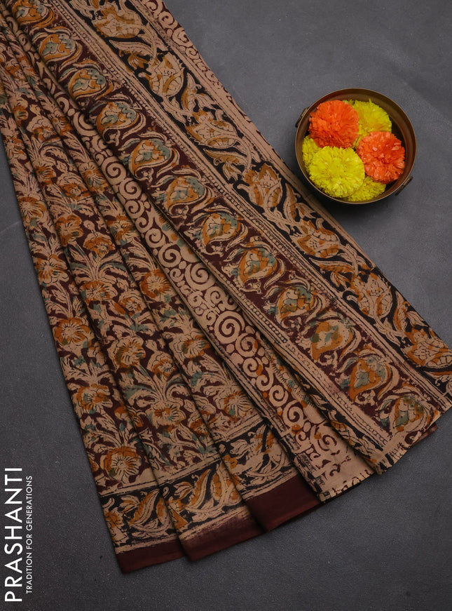 Kalamkari cotton saree coffee brown and black with allover block prints and printed border
