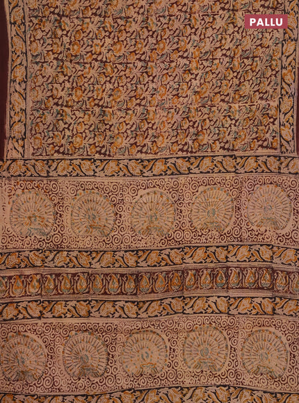 Kalamkari cotton saree coffee brown and black with allover block prints and printed border