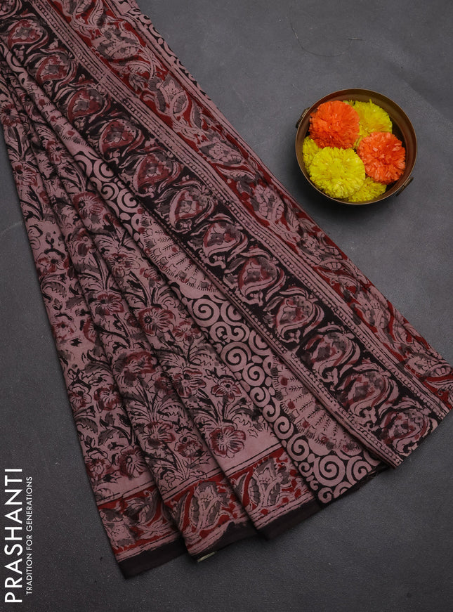 Kalamkari cotton saree black and maroon with allover block prints and printed border