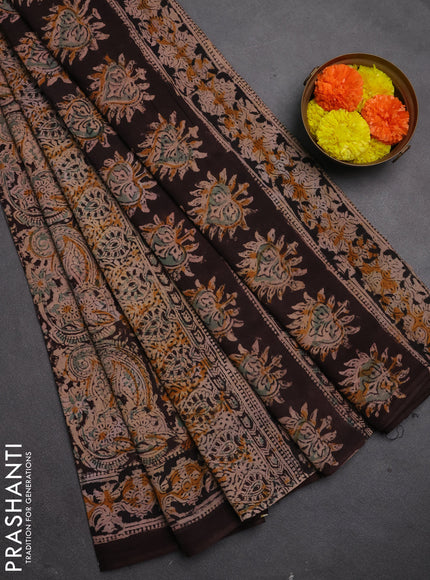 Kalamkari cotton saree coffee brown with allover block prints and printed border