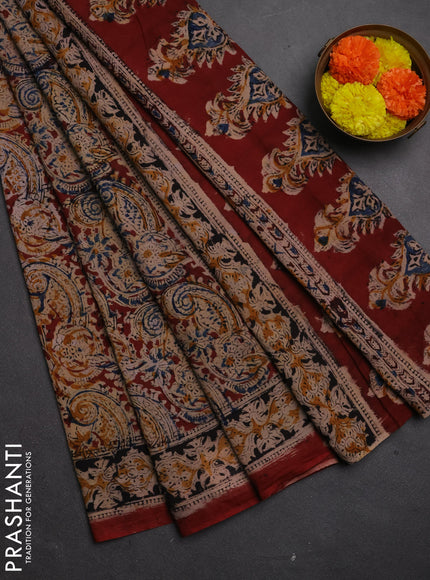Kalamkari cotton saree maroon and black with allover block prints and printed border