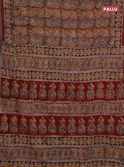 Kalamkari cotton saree maroon and black with allover block prints and printed border