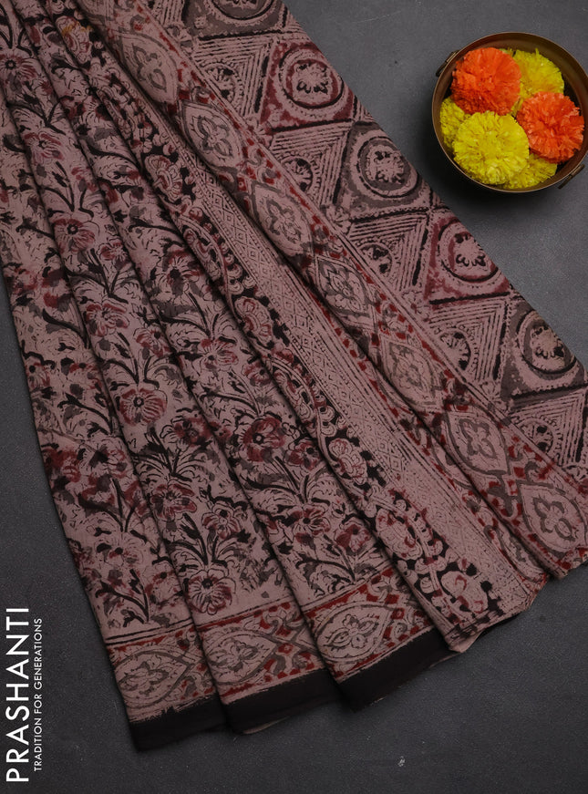 Kalamkari cotton saree maroon and black with allover block prints and printed border