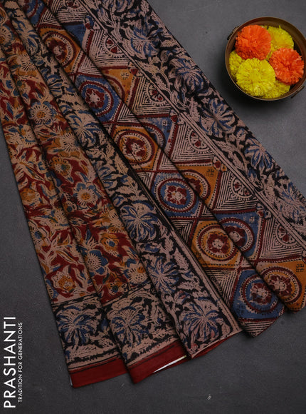 Kalamkari cotton saree maroon and black with allover block prints and printed border