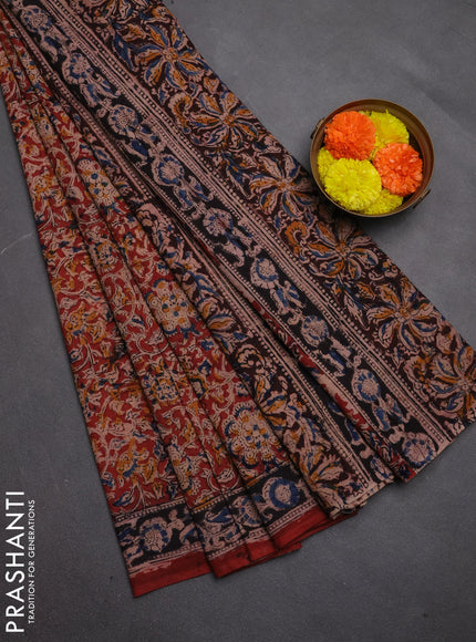 Kalamkari cotton saree maroon and black with allover block prints and printed border