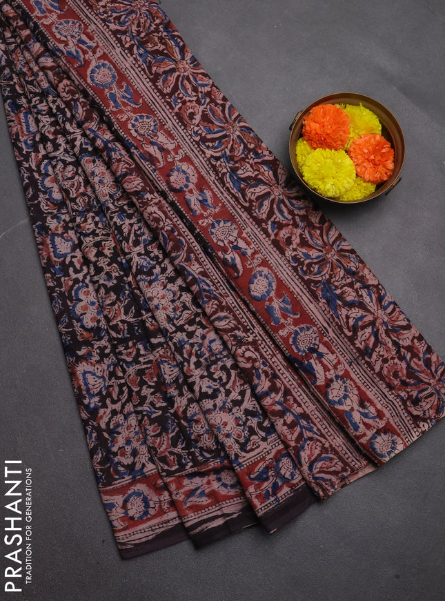 Kalamkari cotton saree black and maroon with allover block prints and printed border