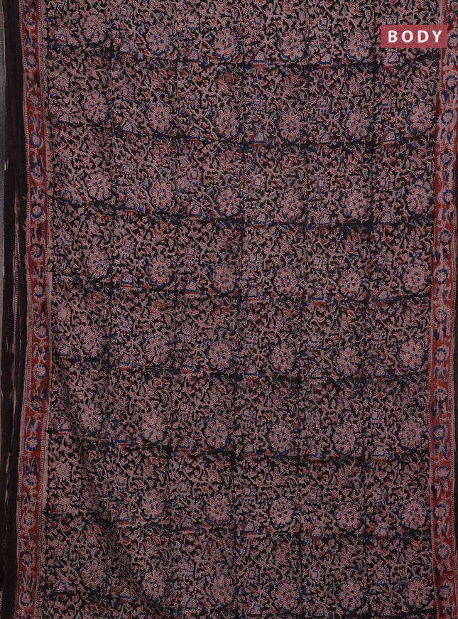 Kalamkari cotton saree black and maroon with allover block prints and printed border