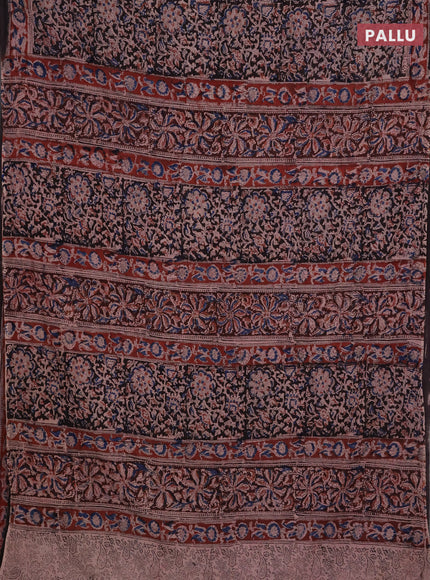 Kalamkari cotton saree black and maroon with allover block prints and printed border
