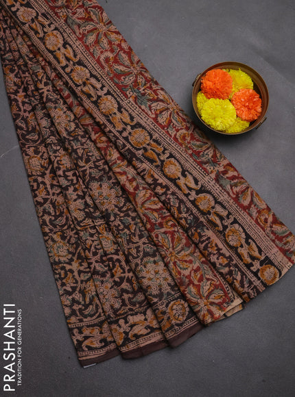 Kalamkari cotton saree coffee brown and black with allover block prints and printed border