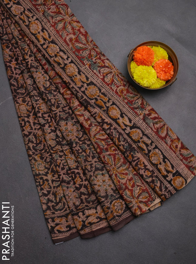 Kalamkari cotton saree coffee brown and black with allover block prints and printed border