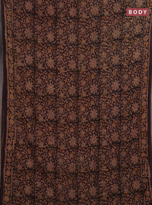 Kalamkari cotton saree coffee brown and black with allover block prints and printed border