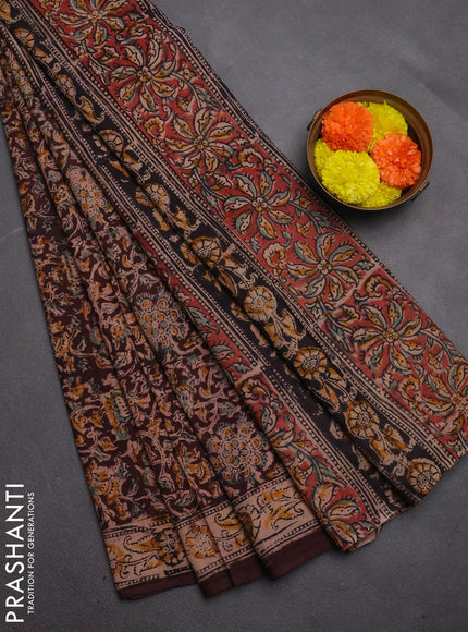 Kalamkari cotton saree coffee brown with allover block prints and printed border