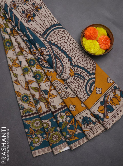 Kalamkari cotton saree beige and peacock green with allover prints and printed border
