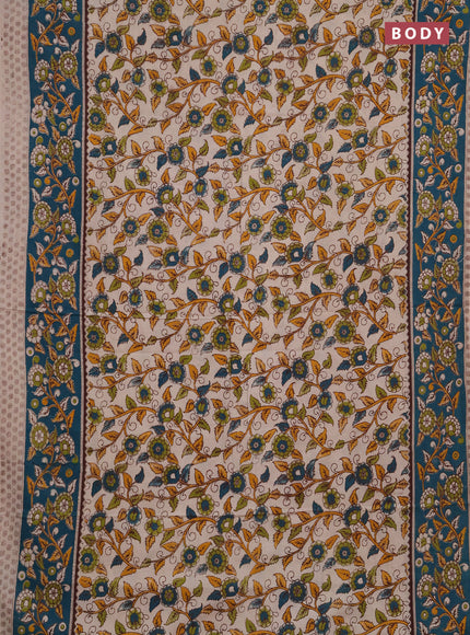 Kalamkari cotton saree beige and peacock green with allover prints and printed border