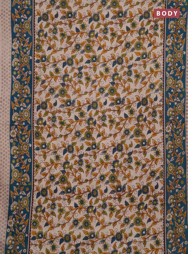 Kalamkari cotton saree beige and peacock green with allover prints and printed border