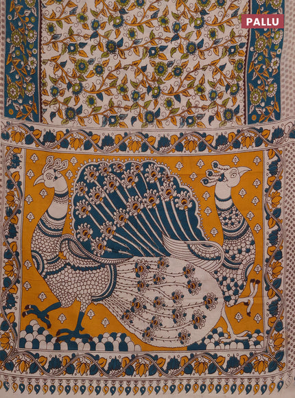 Kalamkari cotton saree beige and peacock green with allover prints and printed border