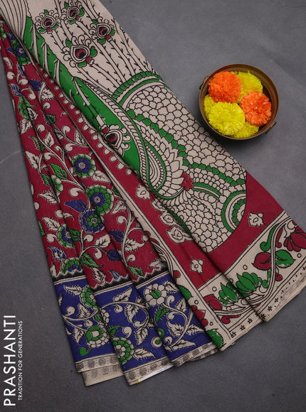 Kalamkari cotton saree magenta pink and peacock blue with allover prints and printed border