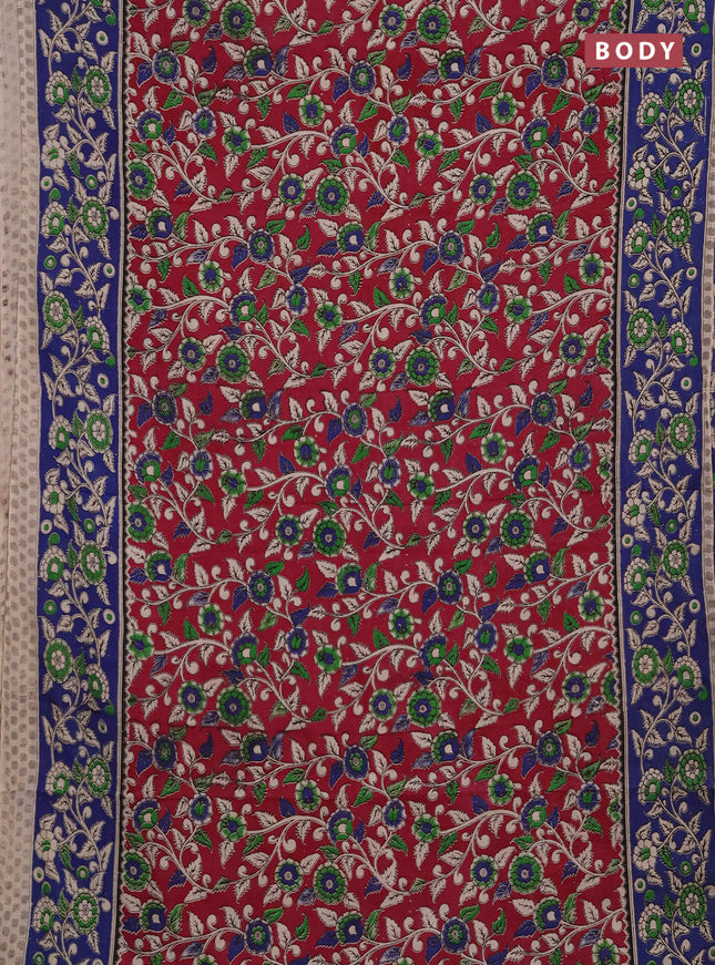 Kalamkari cotton saree magenta pink and peacock blue with allover prints and printed border