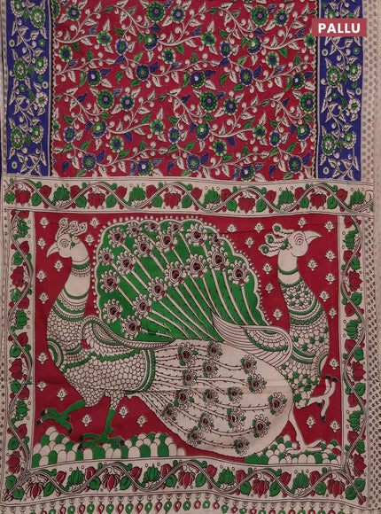Kalamkari cotton saree magenta pink and peacock blue with allover prints and printed border
