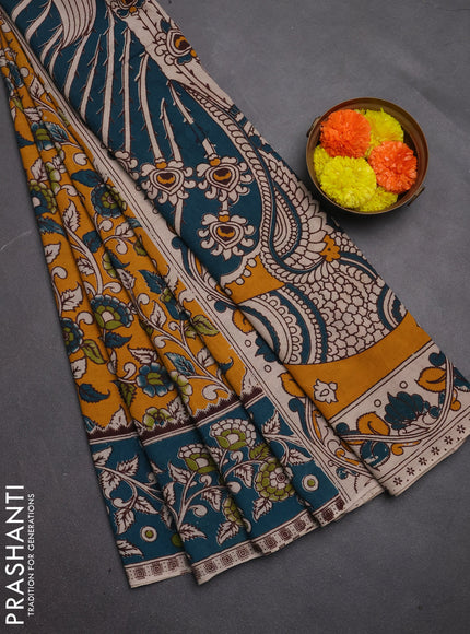 Kalamkari cotton saree mustard yellow and peacock green with allover prints and printed border